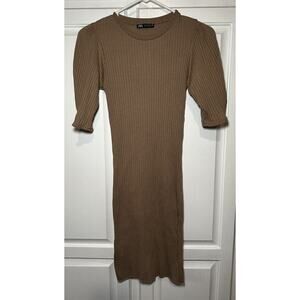 Zara Ribbed Midi Sparkle Body on Dress Size Medium Beige